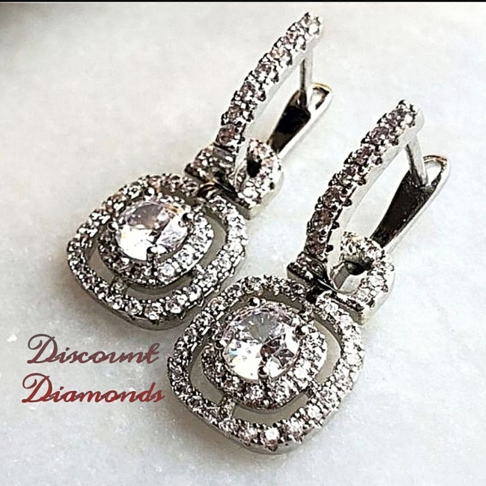 Clear White Halo & Baguette Diamond Drop Earrings 14k White Gold On 925 Silver